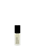 Small perfume bottle with black cap on a white background