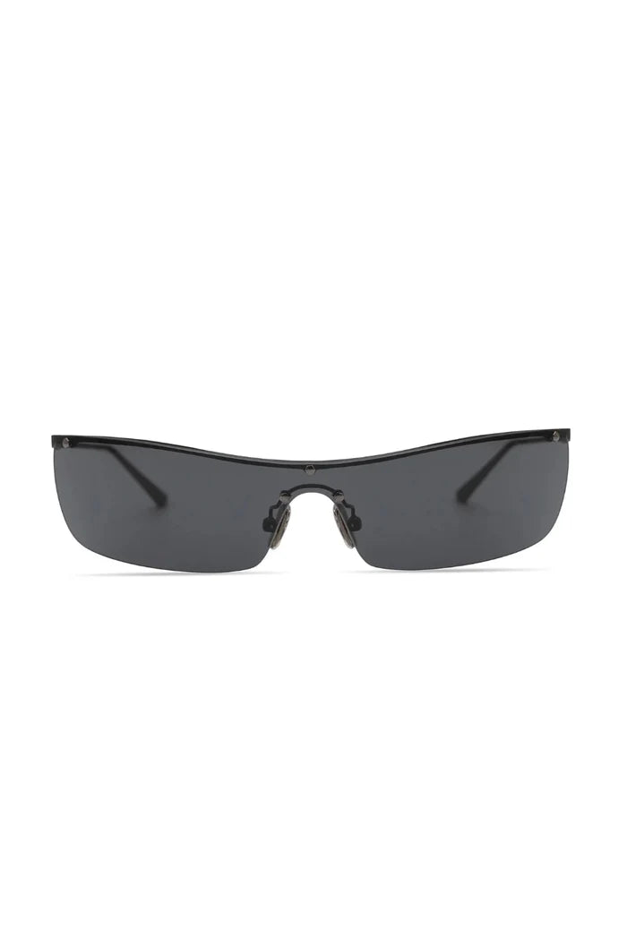 Black sunglasses with dark lenses on a white background