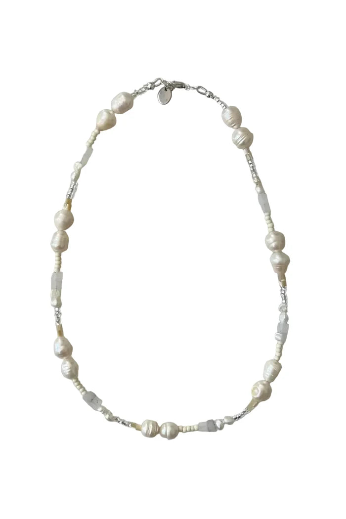 Pearl necklace with bead accents on white background