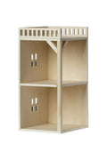 Wooden dollhouse with a white roof on a white background