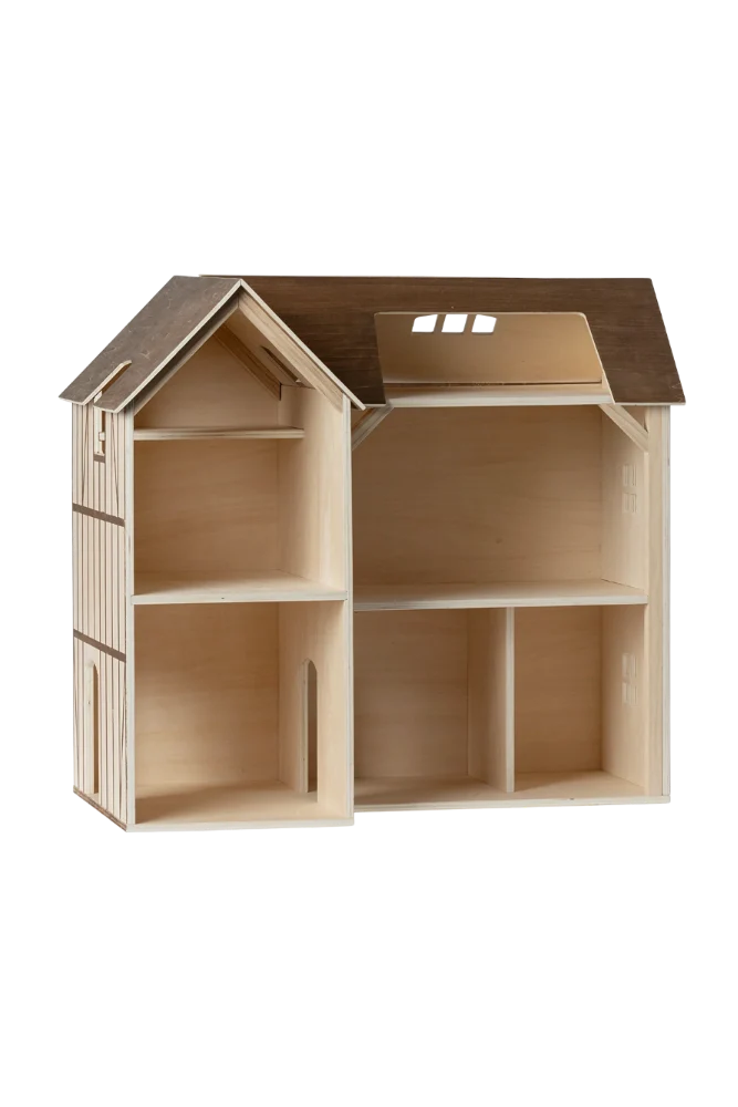 Wooden dollhouse with a brown roof on a white background
