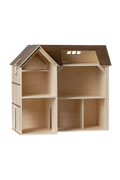 Wooden dollhouse with a brown roof on a white background