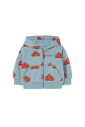 A light blue zip-up hoodie for babies, featuring an all-over print of red and white mushrooms, with the brand name 'TINY' printed on the chest, displayed against a solid off-white background.