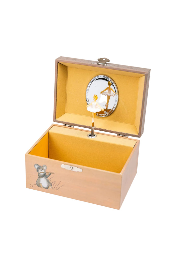 Wooden music box with ballerina design on a white background
