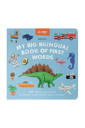 Book cover of 'My Big Bilingual Book of First Words' with illustrations on a blue background