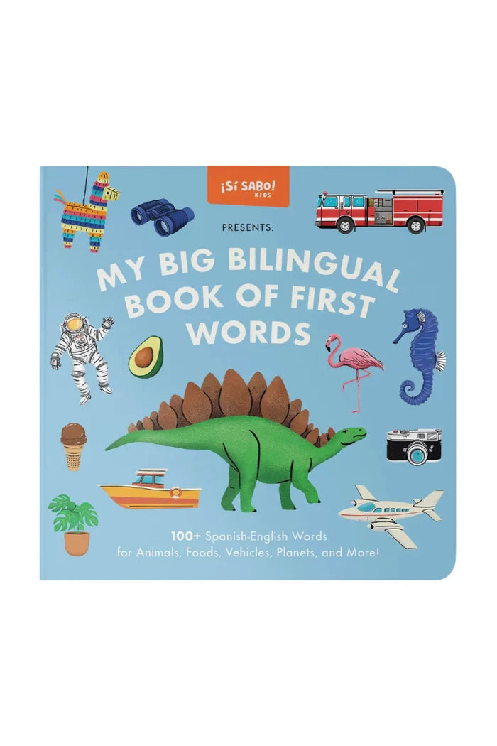 Book cover of 'My Big Bilingual Book of First Words' with illustrations on a blue background