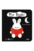 Book cover with a rabbit reading a book and the title 'My Books' by Xavier Deneux on a black background.