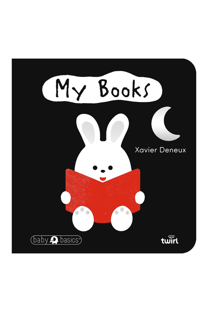 Book cover with a rabbit reading a book and the title 'My Books' by Xavier Deneux on a black background.