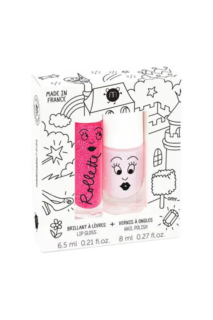 Two lip gloss and nail polish bottles with cartoon faces on a decorative box.