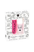 Two lip gloss and nail polish bottles with cartoon faces on a decorative box.