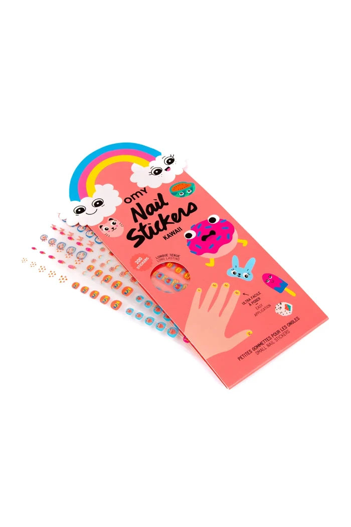 A package of OMY Nail Stickers featuring a pink cover decorated with a rainbow, clouds, and cute cartoon designs, with several sheets of colorful nail stickers fanned out behind it on a white background.