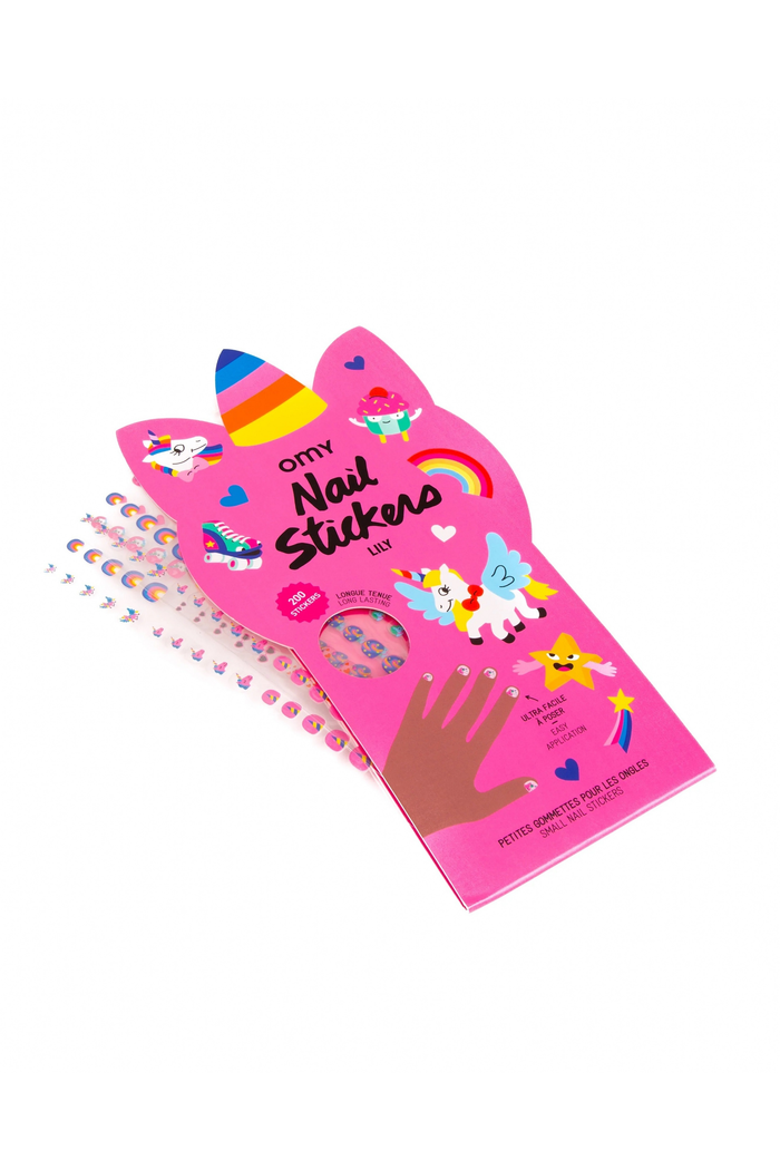 A pink unicorn-shaped nail sticker kit with unicorn illustrations and a small sample of multicolor nail stickers shown on a white background.
