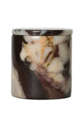 A cylindrical stone jar with a matching lid, featuring a marbled pattern of dark brown, cream, and beige with subtle gold veining, set against a plain light gray background.
