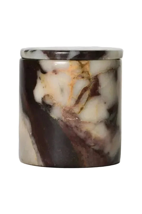 A cylindrical stone jar with a matching lid, featuring a marbled pattern of dark brown, cream, and beige with subtle gold veining, set against a plain light gray background.