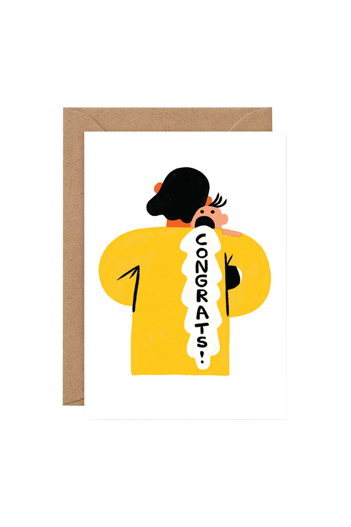 Greeting card with cartoon parent and throwing up baby