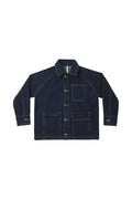 A dark indigo blue denim work jacket with contrast tan stitching, button closures, and a classic collar, displayed flat against a light gray background.