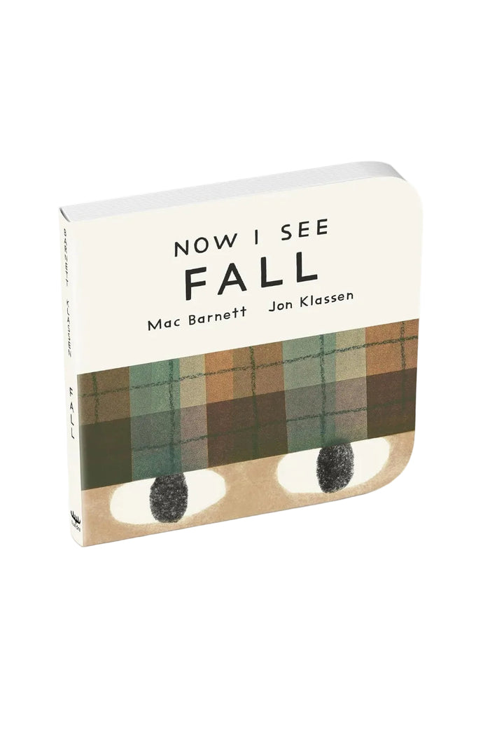 Book titled 'Now I See Fall' by Mac Barnett and Jon Klassen with a plaid design on the cover.