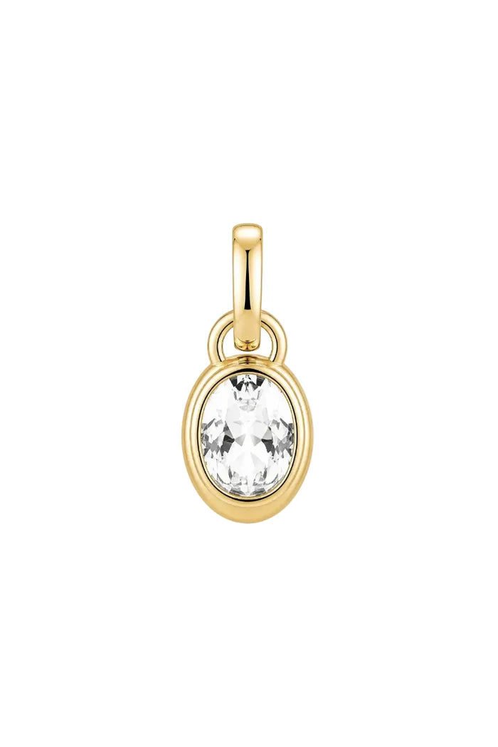 A gold pendant featuring a large, faceted clear oval gemstone in a polished gold bezel setting with a hanging loop at the top, shown against a plain white background.