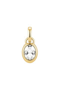 A gold pendant featuring a large, faceted clear oval gemstone in a polished gold bezel setting with a hanging loop at the top, shown against a plain white background.