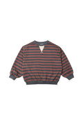 A long-sleeve crewneck sweatshirt with horizontal brown and dark gray stripes, featuring a small white geometric detail at the center of the chest and ribbed cuffs and hem.