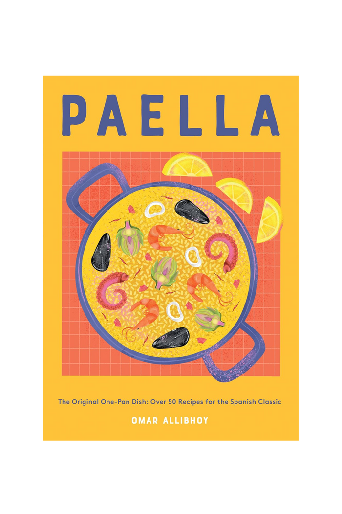 Book cover with illustrated pan of paella on white background