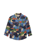 A long-sleeve button-up shirt with a colorful geometric pixelated pattern in shades of blue, green, red, beige, and brown, displayed flat against a light gray background.