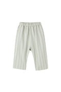 Light sage green and white vertically striped pants with an elastic waistband, shown flat on a white background.