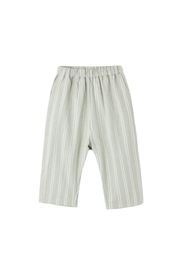 Light sage green and white vertically striped pants with an elastic waistband, shown flat on a white background.