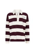 A long-sleeve rugby-style polo shirt with horizontal dark burgundy and off-white stripes, featuring a white collar, three-button placket, and 'Love Stories' embroidered on the left chest.