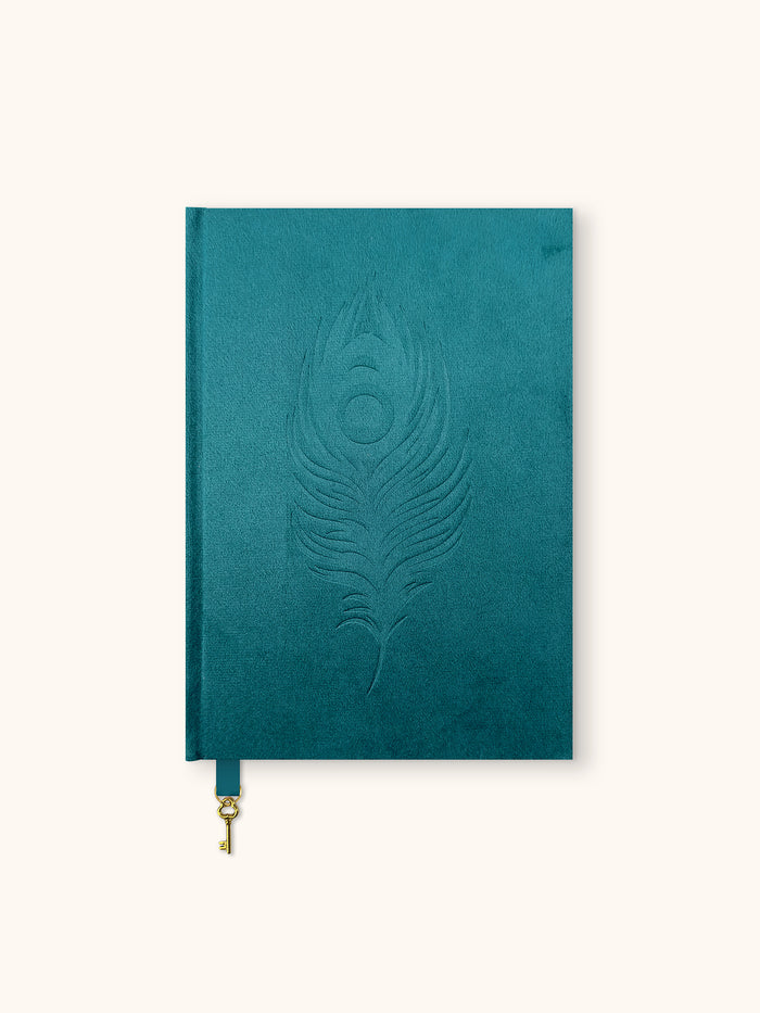 Peacock Blue Feather Olivia Velvet A5 Journal