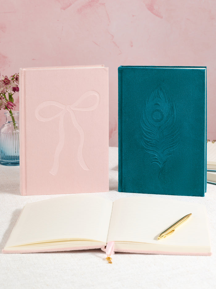 Peacock Blue Feather Olivia Velvet A5 Journal
