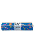 A wooden pencil box with a colorful space-themed pattern of stars, planets, and moons on a blue background, featuring a white paper band label in the center that reads 'PENCIL BOX'.