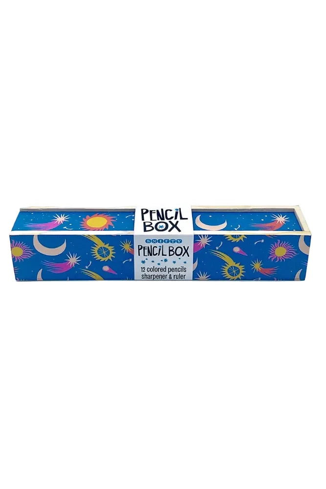 A wooden pencil box with a colorful space-themed pattern of stars, planets, and moons on a blue background, featuring a white paper band label in the center that reads 'PENCIL BOX'.