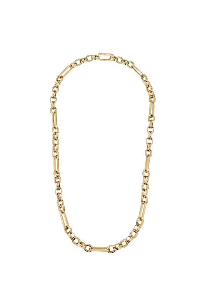 A gold chain necklace with a mix of elongated bar links and smaller oval links, arranged in a loop on a plain white background.