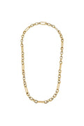 A gold chain necklace with a mix of elongated bar links and smaller oval links, arranged in a loop on a plain white background.
