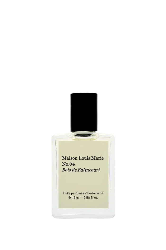Perfume bottle labeled 'Maison Louis Marie No.04 Bois de Balincourt' on a white background
