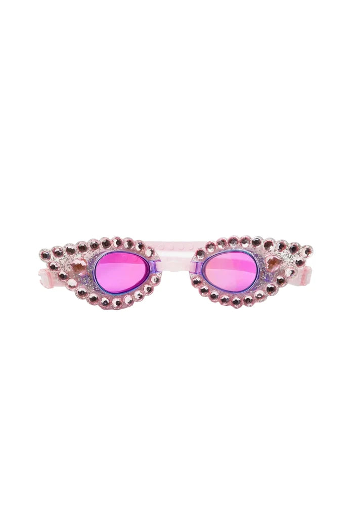 Pink swim goggles with decorative embellishments on a white background