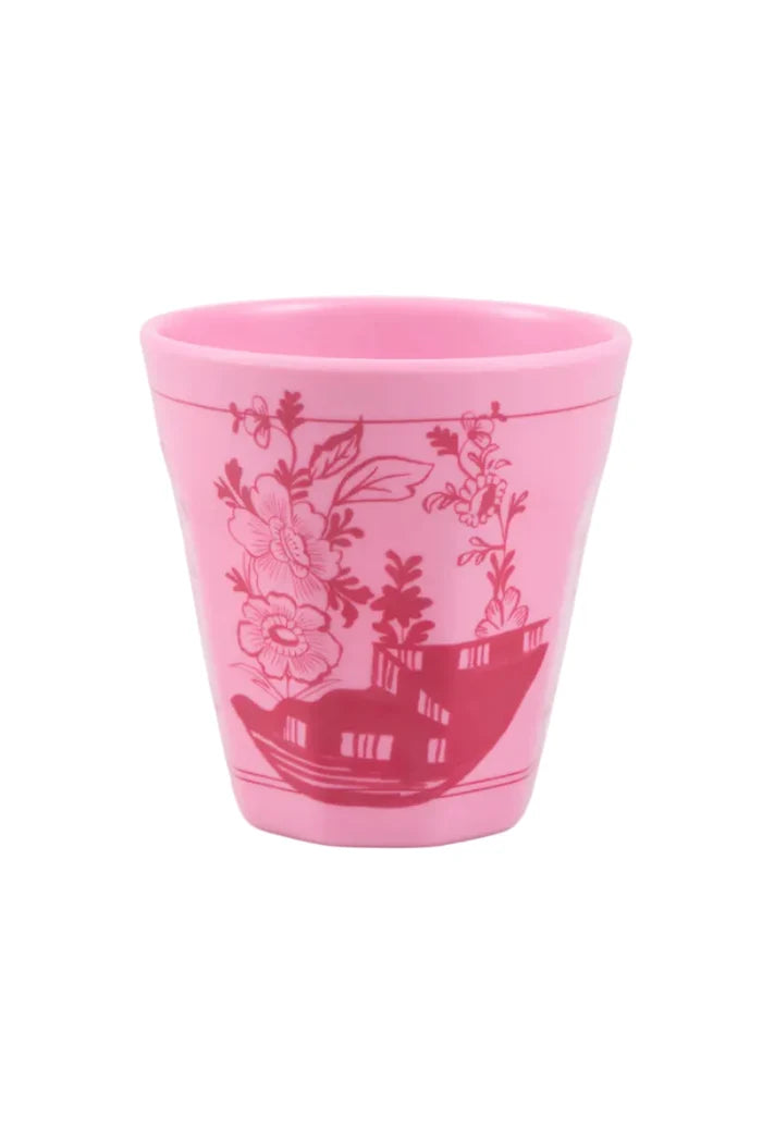 Pink cup with floral design on a white background
