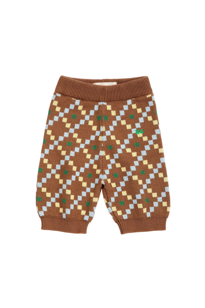 Toddler knit pants in brown with a geometric diamond pattern in light blue, beige, and green, featuring ribbed waistband and leg cuffs, shown on a white background.