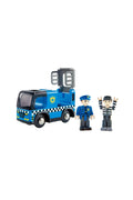 Toy police car with two figures on a white background