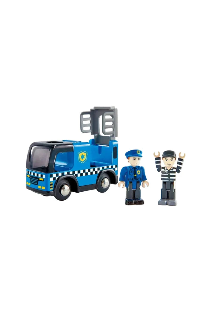 Toy police car with two figures on a white background