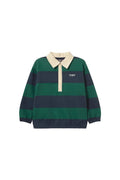 Green and navy striped rugby shirt with cream collar on a white background