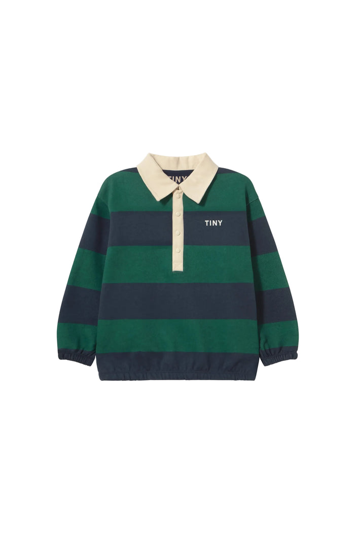 Green and navy striped rugby shirt with cream collar on a white background