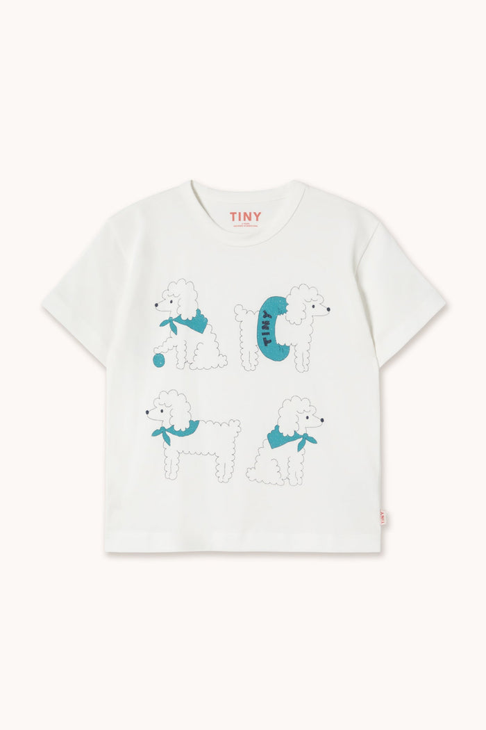 White t-shirt with cartoon poodles and text on a white background