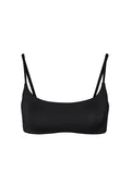Black bikini top with thin straps on a white background