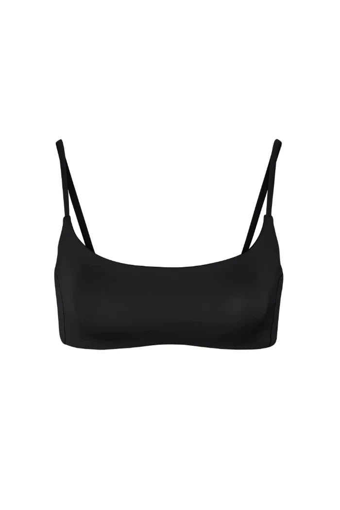 Black bikini top with thin straps on a white background