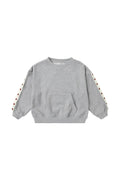 A light gray heather crewneck sweatshirt with a front kangaroo pocket and decorative star-patterned stripes running down the sleeves, shown flat on a light gray background.