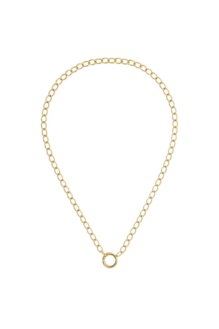 A delicate gold chain necklace with a small circular ring clasp, displayed on a clean white background.