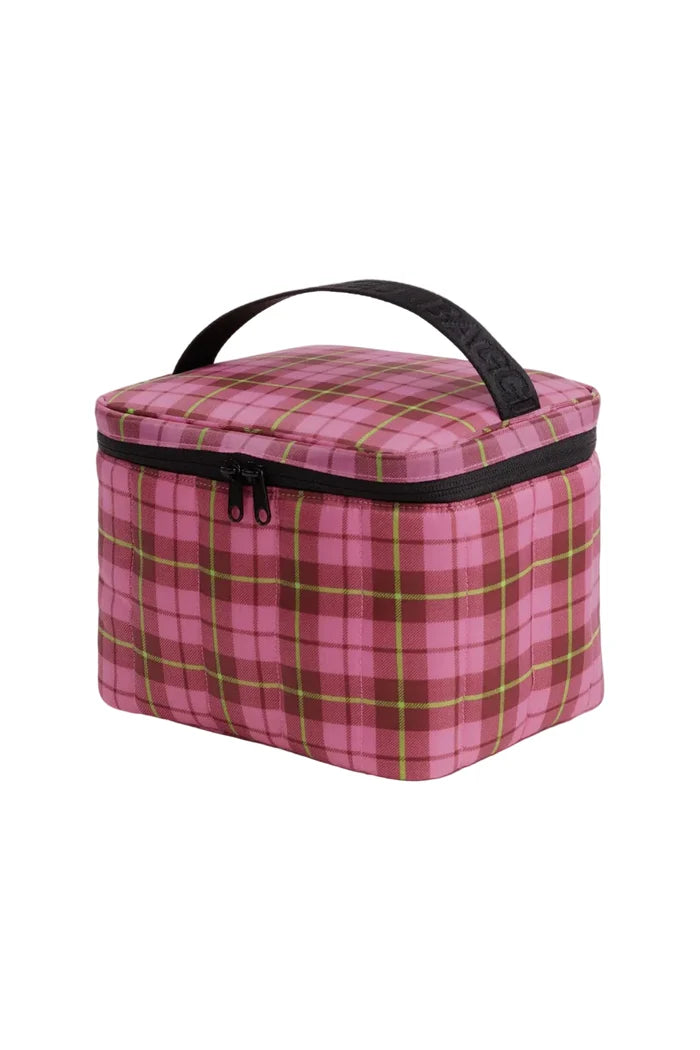 Pink plaid nylon lunch bag on white background