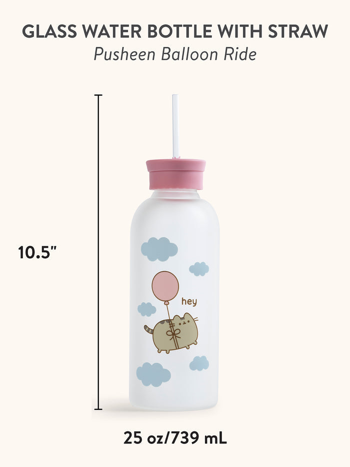 Pusheen Balloon Ride Glass Water Bottle with Straw